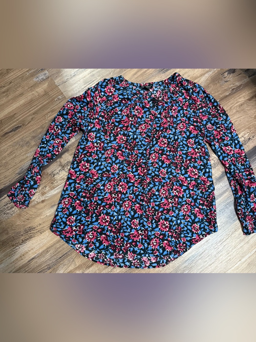 Lucky Brand Black Floral Top with Pink and Blue Flowers
